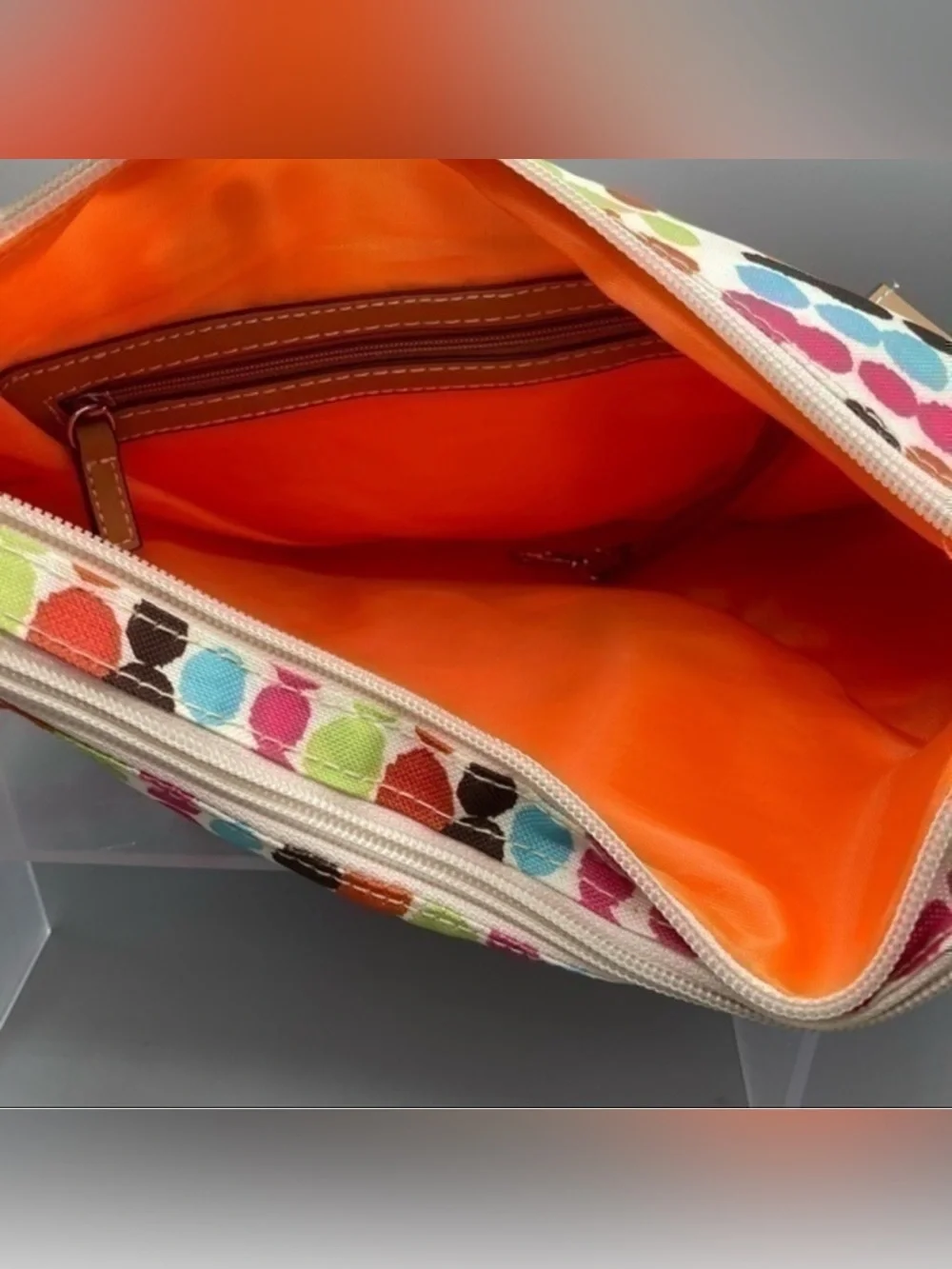 🌸 Lily Bloom Multicolor Dot-Print Shoulder Bag with Tan Trim and Strap Detail